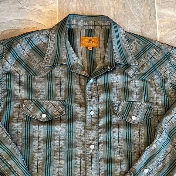 Scorpio Pearl Snap Front Striped Shirt XL Flap Pockets Made in USA M - Picture 2 of 10
